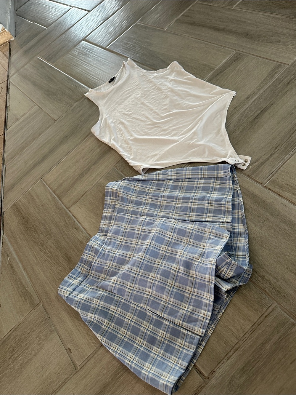 Blue Plaid Women’s Skort with white bodysuit - Casual Everyday Style